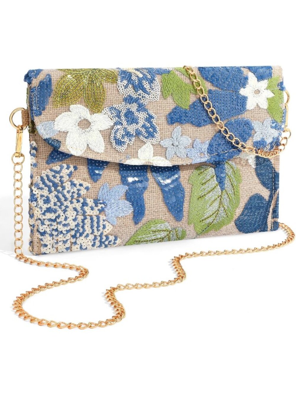 Floral Beaded Evening Clutch Purse with Chain - Embroidered Sequin Design, Blue